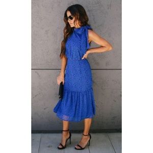 vici blue floral midi dress with neck tie
